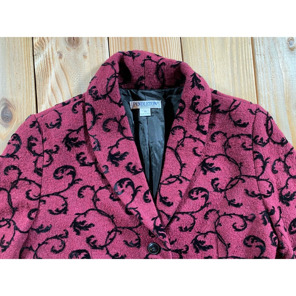 Pendleton Petite M Blazer Jacket Burgundy Black Scroll Wool Blend Shawl Collar - Picture 4 of 8